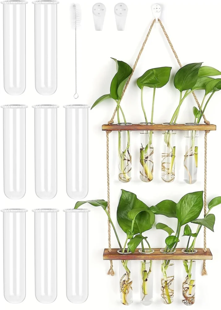 Vase mural à 2 étages, 8 tubes à essai en verre