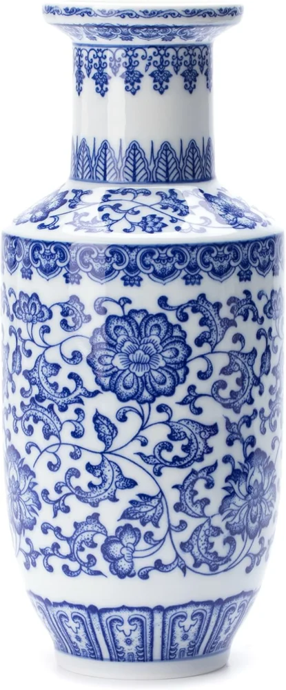 Vase oblong chinoiserie bleu et blanc, 25 cm