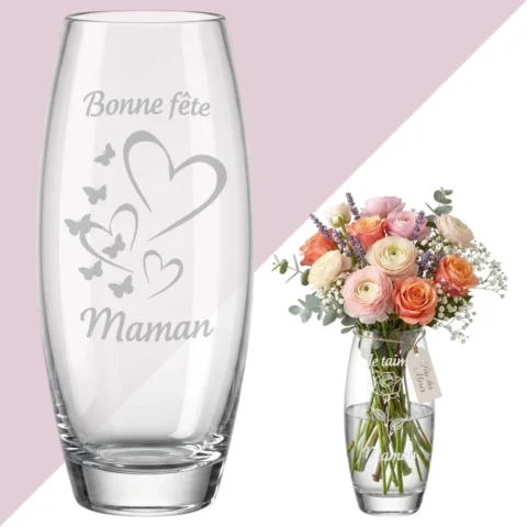 Vase ovale en verre personnalisable, gravure prénom, 26 cm