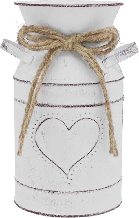 Vase pichet cœur en métal blanc, avec poignée, 19 cm