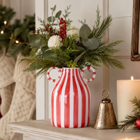 Vase pichet en céramique rouge et blanc, poignée