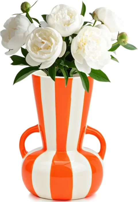 Vase rayé en céramique orange et blanc, 16 cm, matches21