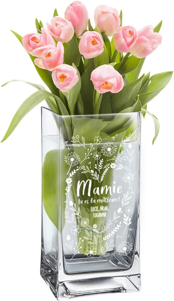 Vase rectangulaire à hauts bords gravé « Mamie », 20 cm