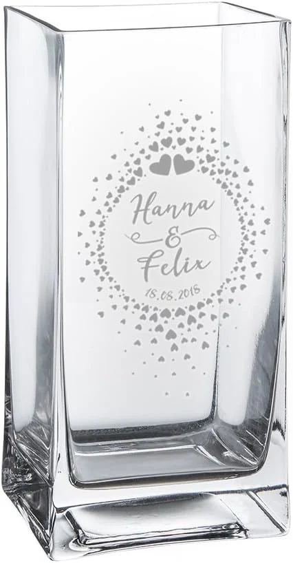 Vase rectangulaire en verre gravé cercle de cœurs, 20 cm