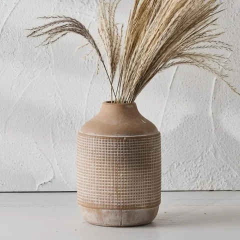 Vase rustique en céramique beige sablé, 18,8 cm