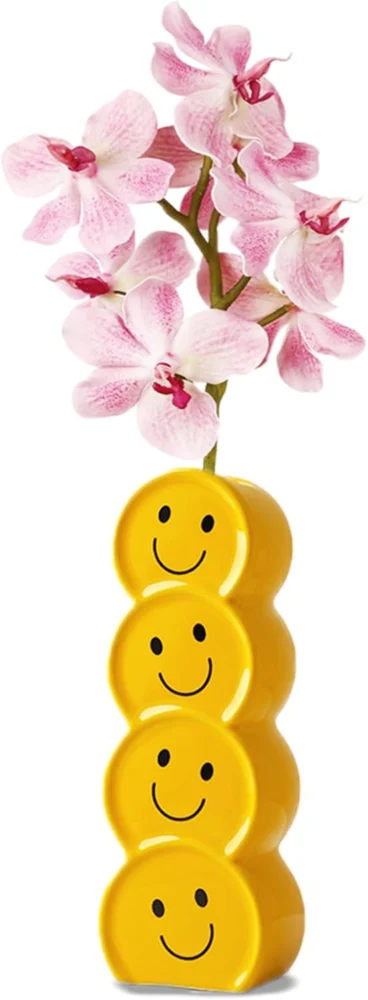 Vase smiley en céramique jaune, visage souriant, 18,5 cm