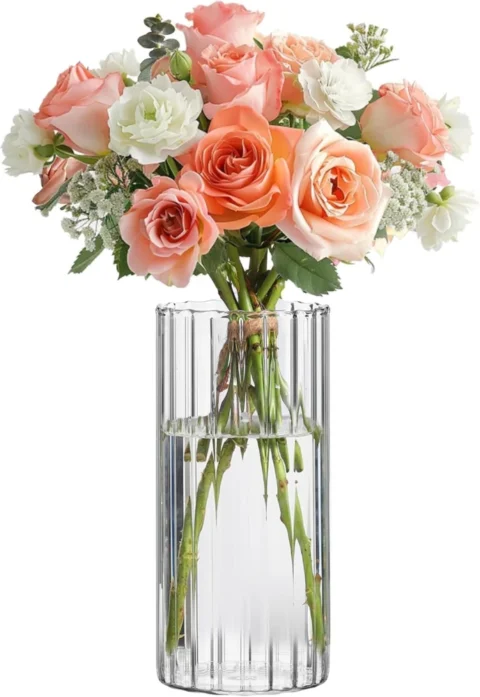 Vase soliflore en verre cannelé transparent, 20 cm