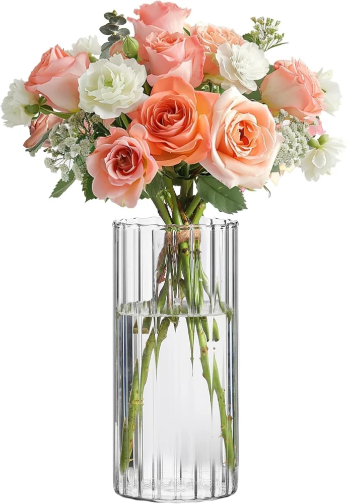 Vase soliflore en verre cannelé transparent, 20 cm