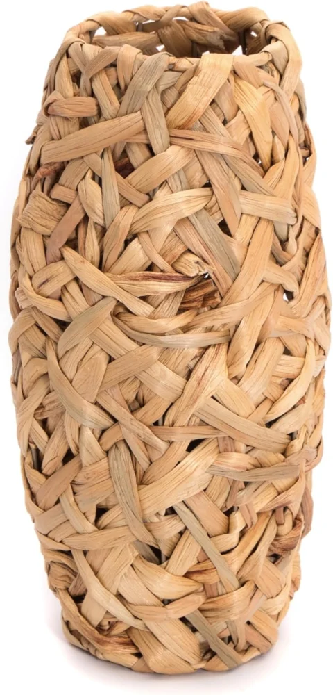 Vase sur pied tressé en jacinthe d’eau, décor naturel