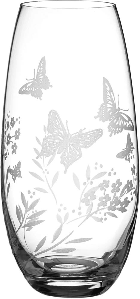 Vase tonneau gravé papillon en cristal, 25 cm