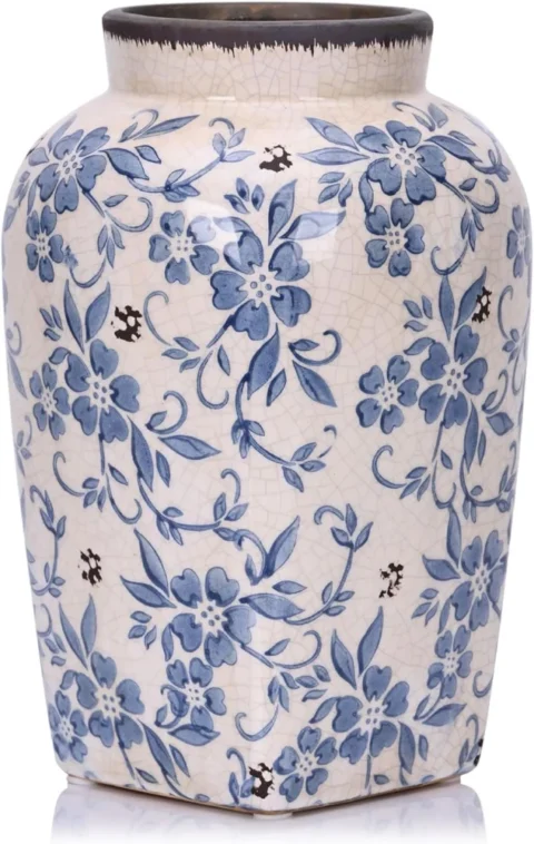 Vase vintage bleu et blanc, finition craquelée, 24,6 cm