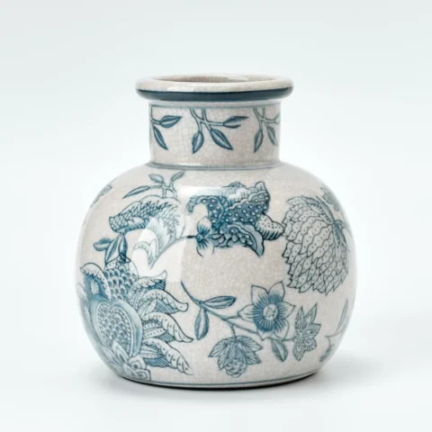 Vase vintage céramique craquelée bleu et blanc, 15 cm