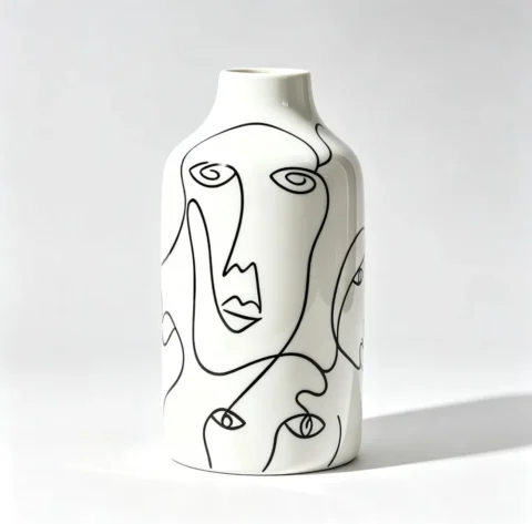 Vase visage abstrait en céramique blanc et noir