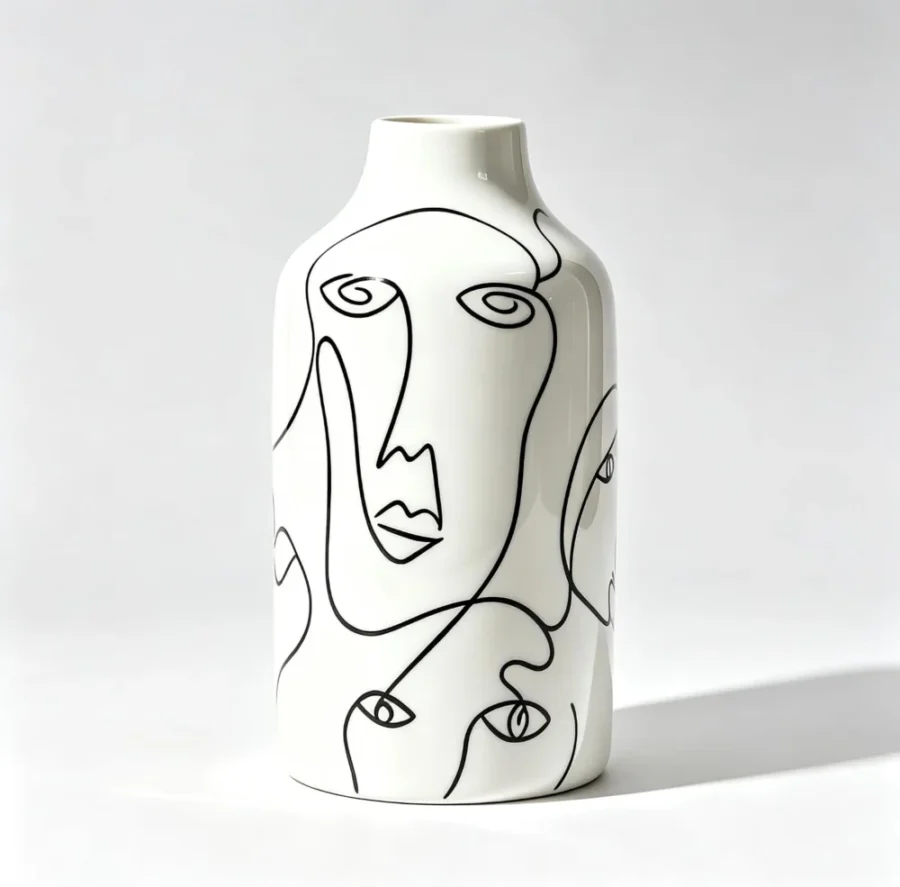 Vase visage abstrait en céramique blanc et noir
