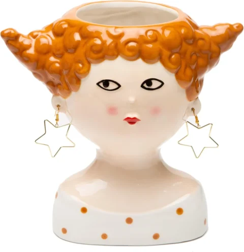 Vase visage coloré en céramique, cheveux rouges, 21 cm