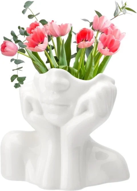 Vase visage en céramique blanche, mains jointes, 14 cm