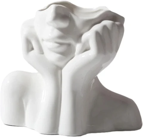 Vase visage en céramique blanche, tête de femme, style ferme